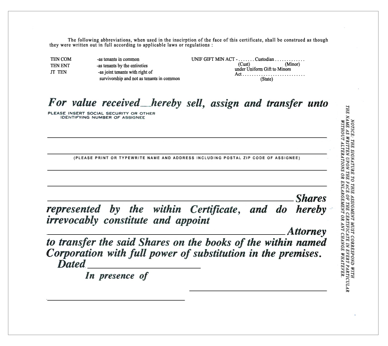 Stock Certificate Standard Wording